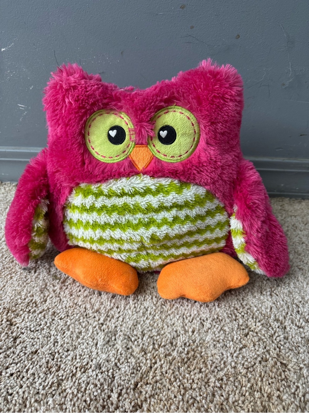 Plush Pink & Green Owl Stuffed Toy with Orange Feet